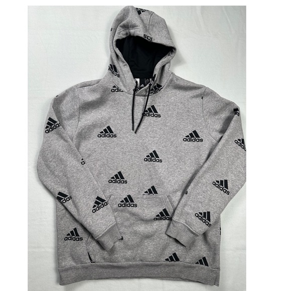 Adidas All Over Print Logo Hoodie Gray Black Mens Medium Sweatshirt - Picture 1 of 4